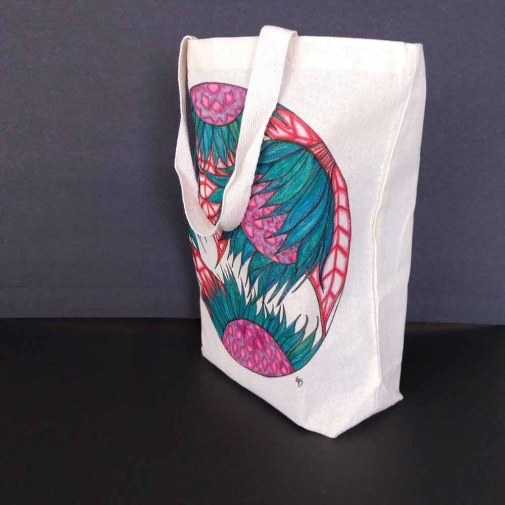 Handmade Reusable Tote Bag with Hand Drawn Green Sunflowers with Red Leaves NWT - Picture 3 of 16
